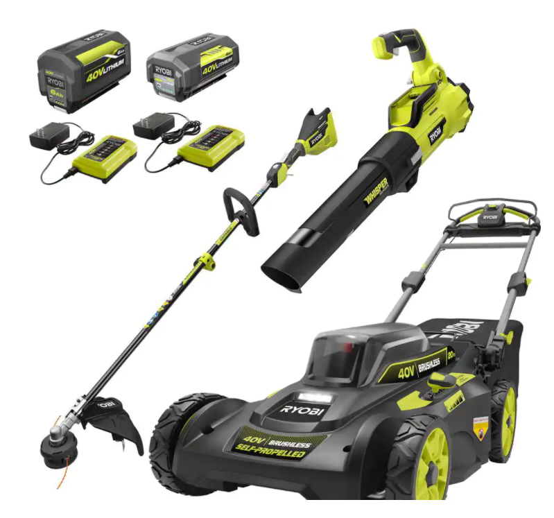 40V Brushless 20 in. Walk Behind Self-Propelled Mower/String Trimmer/Leaf Blower with (2) Batteries and (2) Chargers