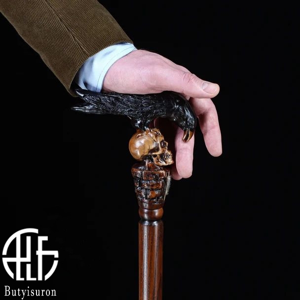 BLACK CROW & SKULL WOODEN WALKING STICK GOTH STYLE