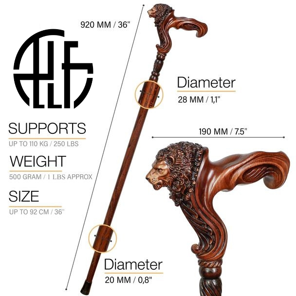 Wooden Walking Stick Cane Lion Head