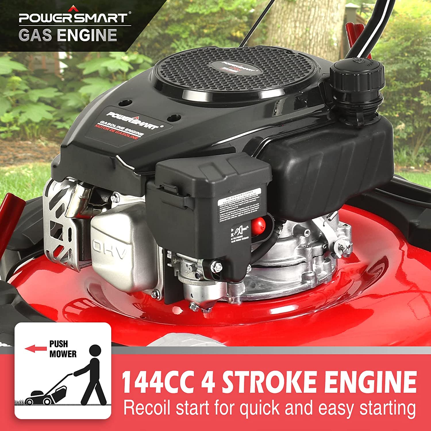 PowerSmart Lawn Mower Gas Powered - 21 Inch, 144CC 4-Stroke Engine, 5 Grass Cutting Heights Adjustable, 2-in-1 Push Mower DB2321CR