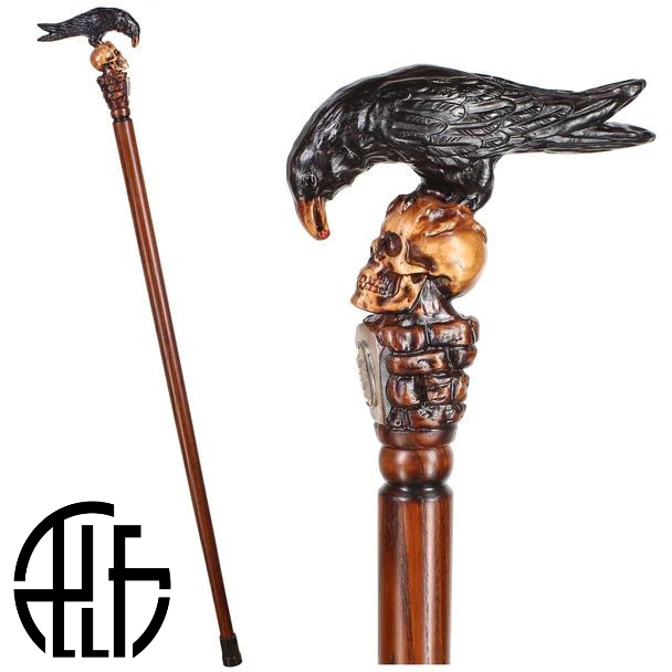 BLACK CROW & SKULL WOODEN WALKING STICK GOTH STYLE