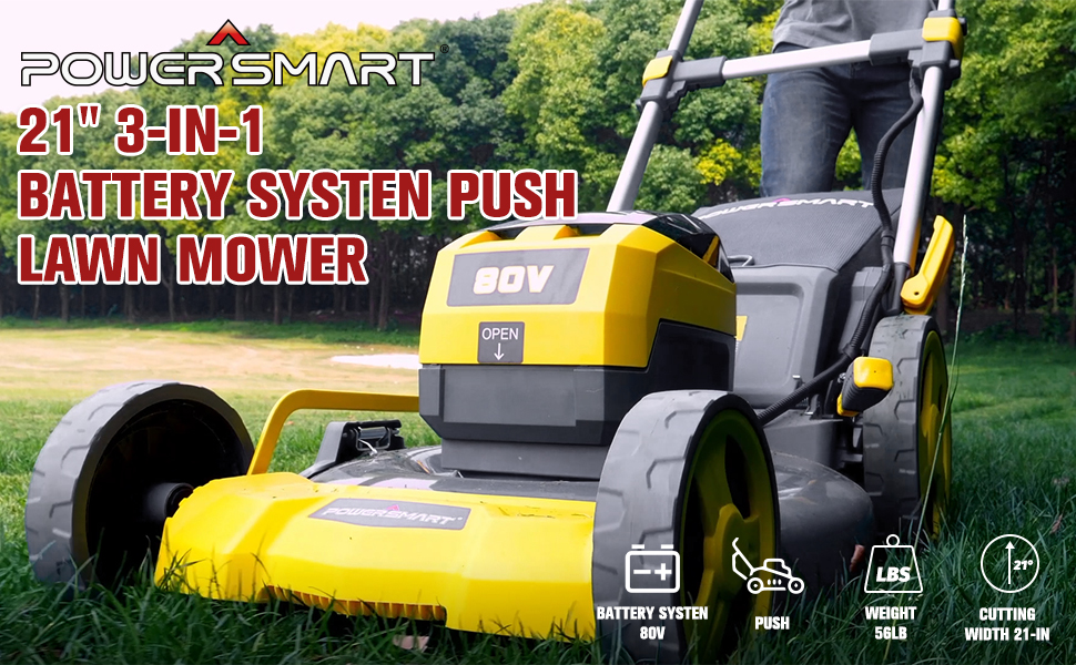 PowerSmart Lawn Mower, 80V 6.0Ah Battery Powered Lawn Mower, 21Inch Push Lawn Mower, Cordless Lawn Mower, 5 Adjustable Heights (1.18''-3.0'' ), Battery & Charger Included