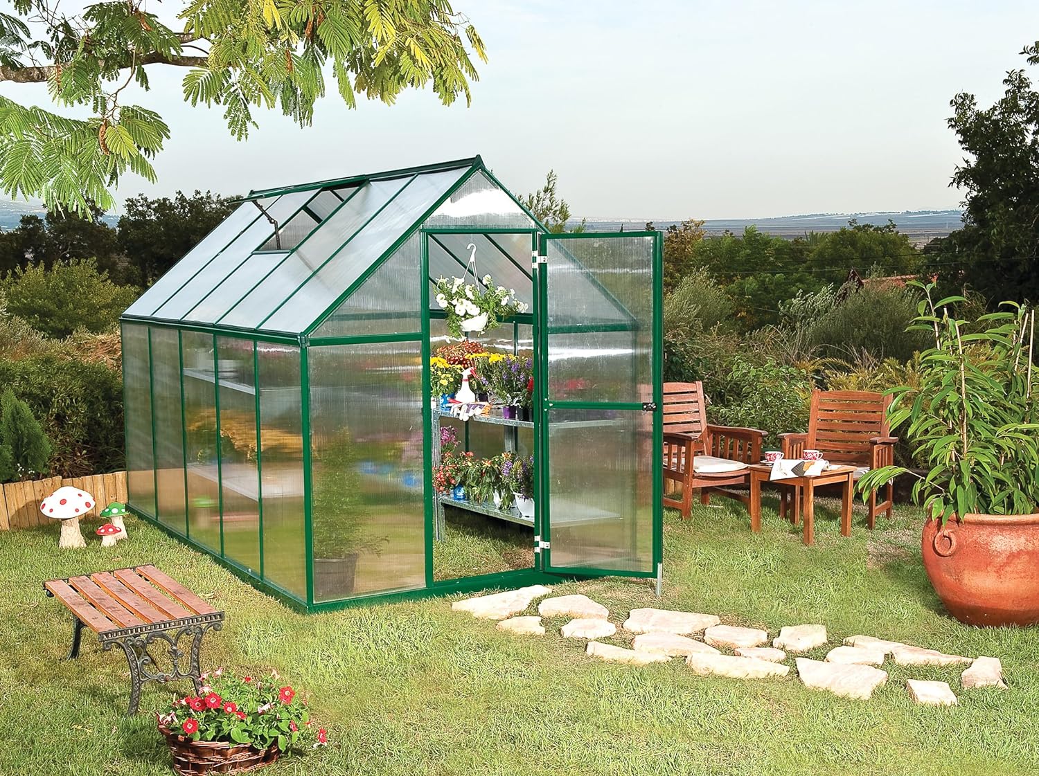 Palram - Canopia Mythos 6 Ft. x 8 Ft. Greenhouse Kit with Plant Hangers Hobby DIY Walk in Green House Heavy Duty Polycarbonate with Aluminium Frame, with Lockable Door and Vent for Garden in Silver