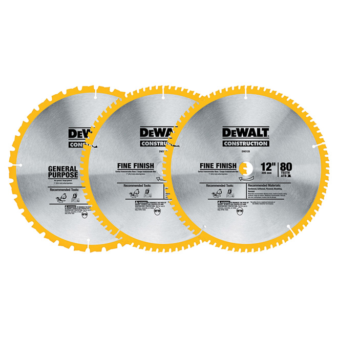 Dewalt Construction Saw Blade – 3-Piece Set – 12-in Dia – 32T and 80T – Tungsten Carbide Teeth