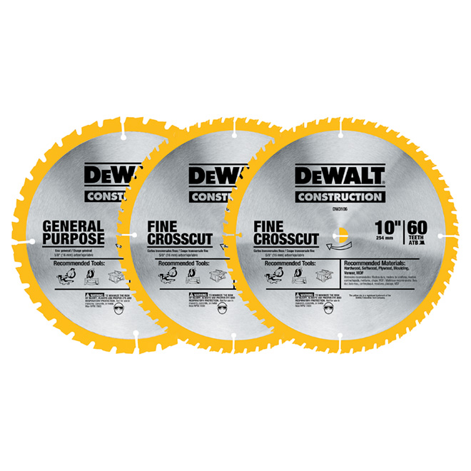 Dewalt Construction Saw Blade – 3-Piece Set – 10-in Dia – 32T and 60T – Tungsten Carbide Teeth