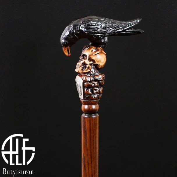 BLACK CROW & SKULL WOODEN WALKING STICK GOTH STYLE