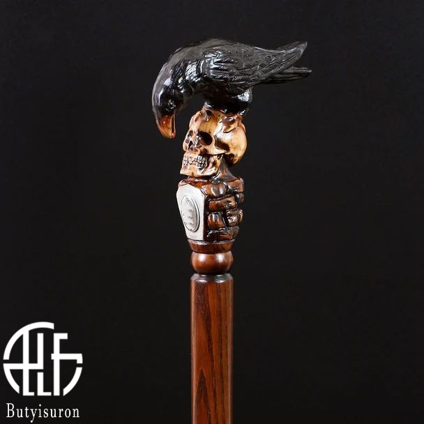 BLACK CROW & SKULL WOODEN WALKING STICK GOTH STYLE