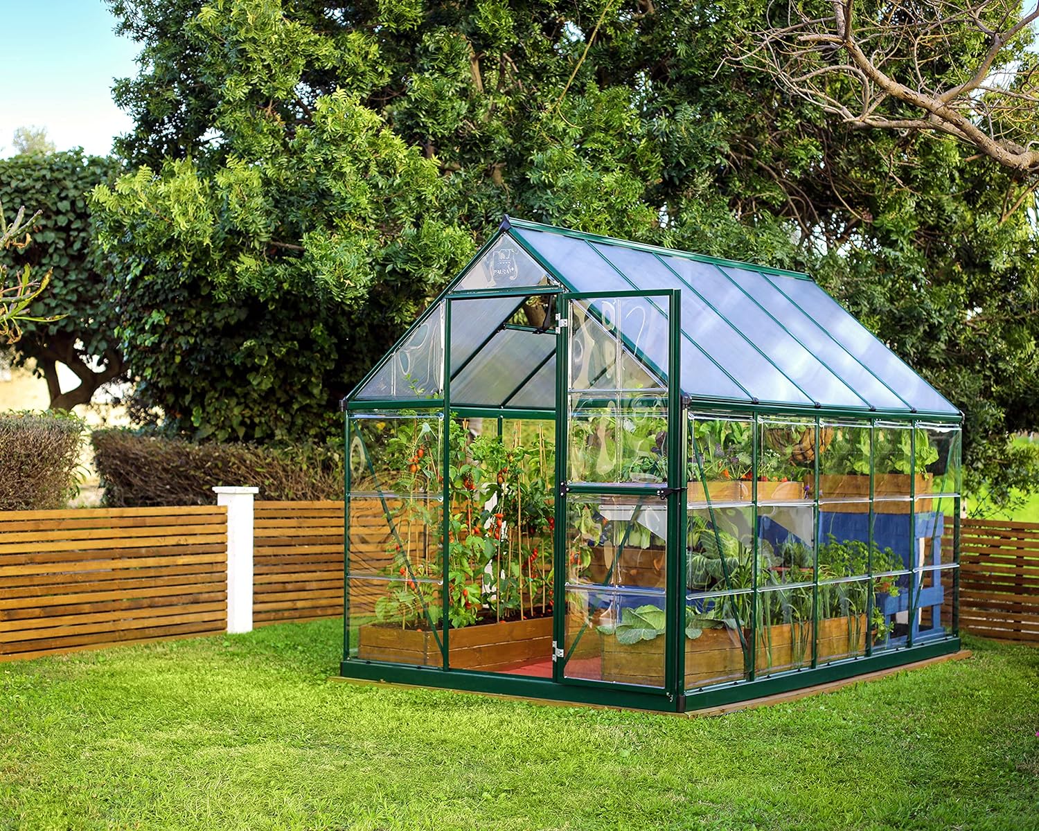 Palram Canopia Greenhouse Kit 6' x 4' Hobby Walk-In Polycarbonate Heavy Duty Aluminum Frame twin-wall and clear panels Lockable Door and Vent Hybrid (Forest Green)